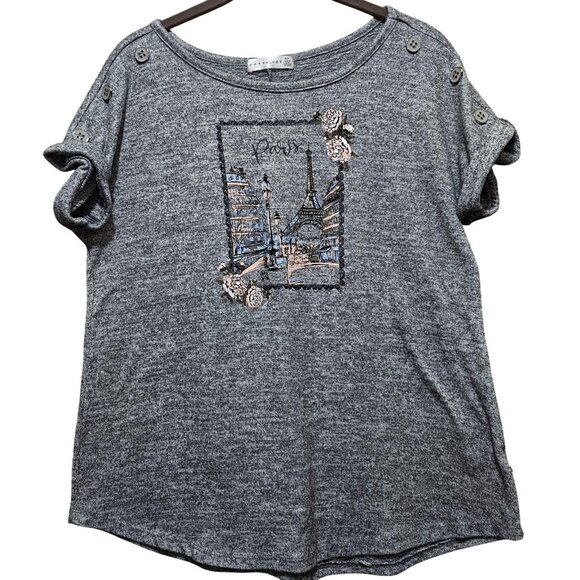 Retrology Gray Paris Graphic Button Detail Short Sleeve Top S/P - Picture 1 of 7